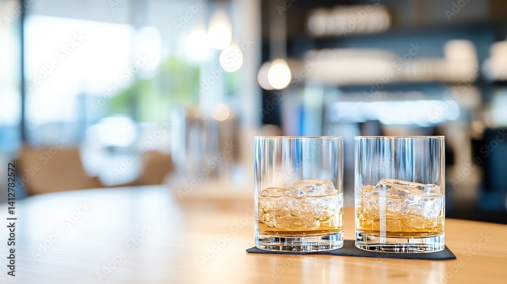 Poster two crystal glasses filled with whiskey and ice on a wooden bar counter : generative ai