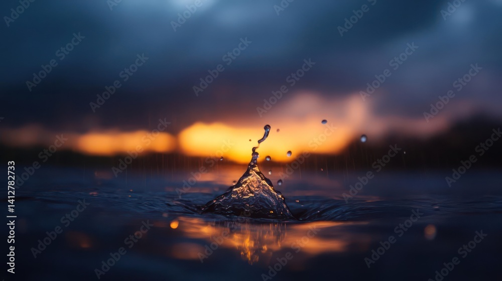 Poster close-up shot of a water droplet splashing into a body of water. the splash creates a crown-like sha