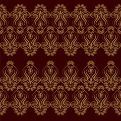 Seamless golden pattern on dark red background. Hand drawn. Classic and luxurious vintage ethnic ornament.