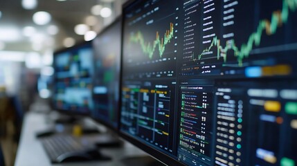 Close up of Financial Data on Multiple Monitors Displaying Market Trends and Analysis : Generative AI