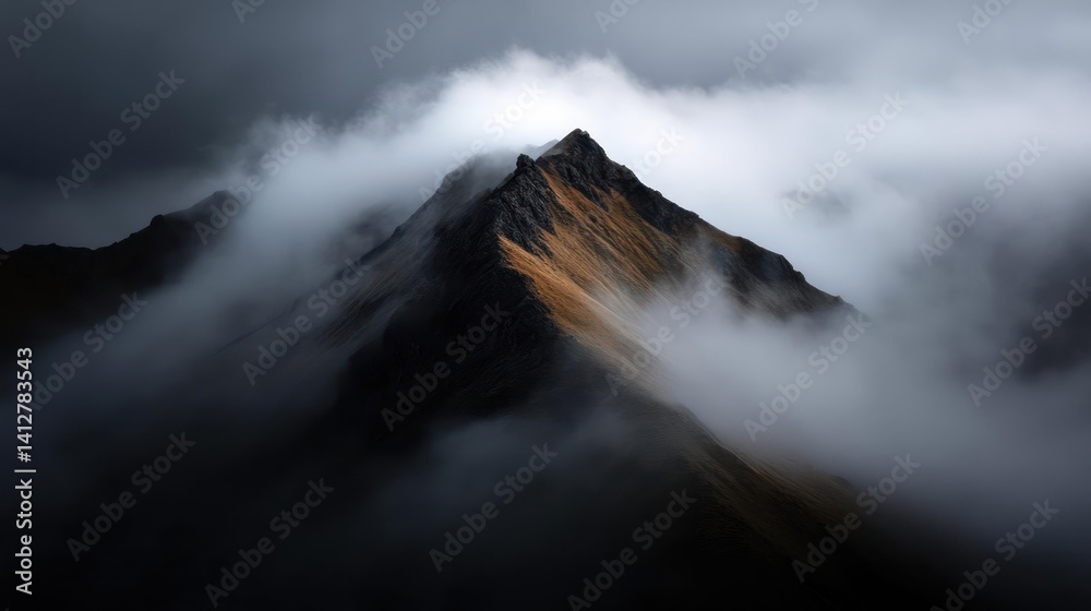Poster Dramatic view of a mountain peak enveloped in swirling white clouds under a moody sky. The peak features patches of earth tone rocks, adding depth to the scenic landscape