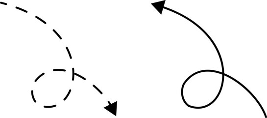 Hand drawn dotted arrows. Hand drawn freehand different curved lines, swirls arrows. Curved arrow line. Doodle, sketch style. Isolated Vector illustration.