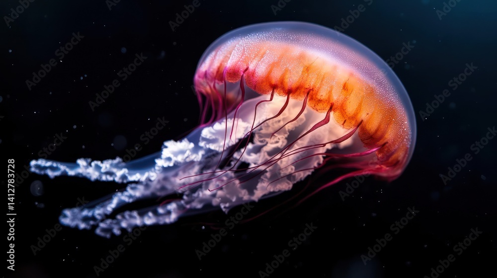 Poster close-up of a vibrant orange and pink jellyfish with flowing white tentacles in a dark ocean setting