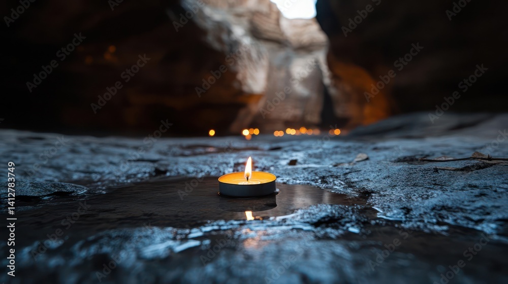 Poster a lit candle in a dark cave, its gentle light reflecting off water puddles on the rocky floor. the b