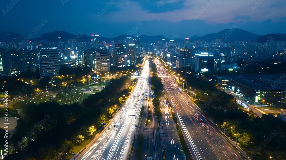 Aufkleber cityscape at night capturing bright lights and busy traffic flow under a cloudy sky : generative ai