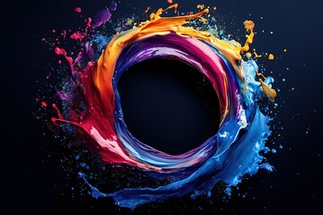 Abstract circle liquid motion flow explosion. Curved wave colorful pattern with paint drops on black background