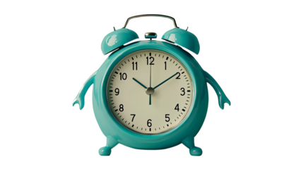Png of A quirky turquoise alarm clock with arms and legs, showcasing a playful design that adds charm to any space.