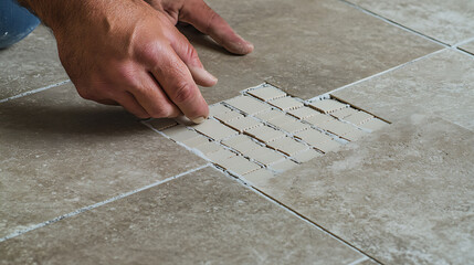 Tile installer aligning ceramic tiles with a tile spacer in a bathroom. Highlighting precision and alignment work