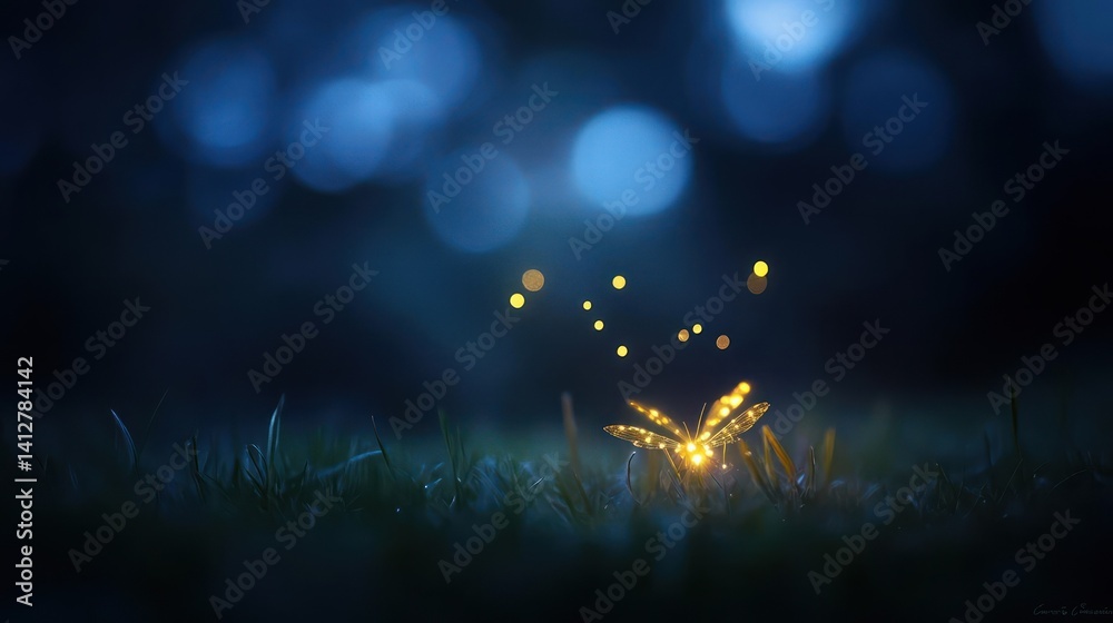 Poster Close-up on illuminated golden particles rising from lush green grass with a soft, blurred bokeh effect in the dark blue background. The focus is on the luminous particles, creating a magical
