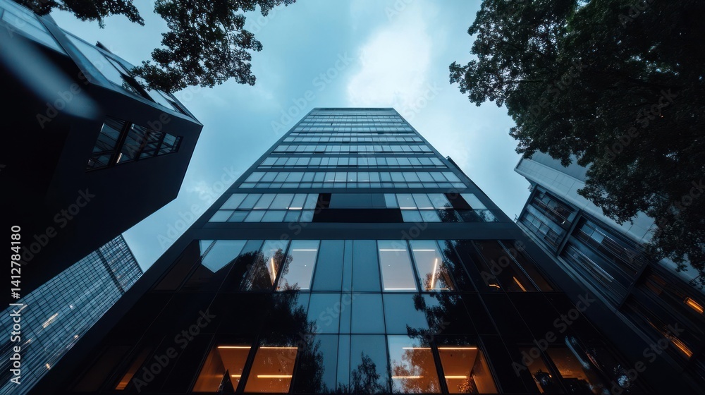 Aufkleber low angle shot of a modern building with glass windows and a dark exterior under a cloudy sky, frame