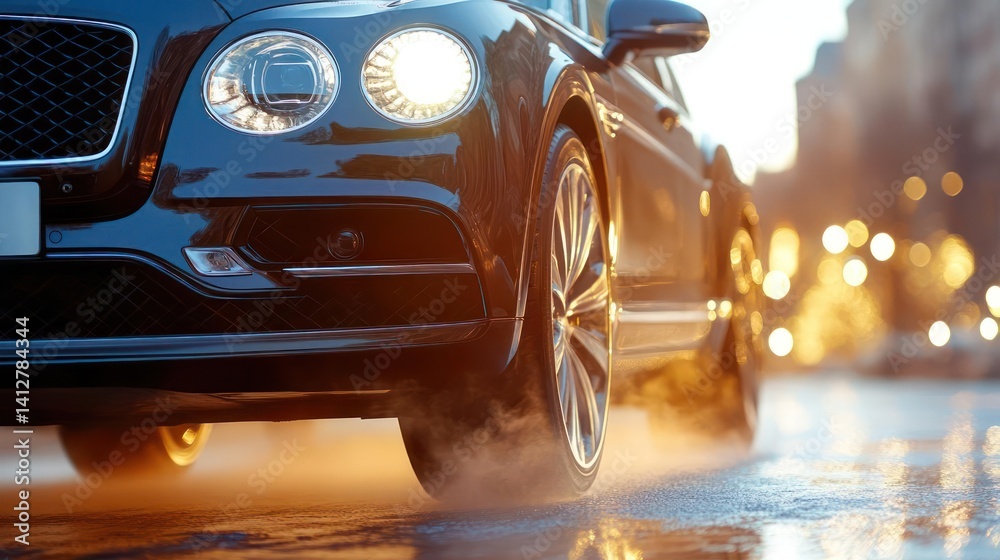 Aufkleber close up of a dark metallic blue vehicle on a wet street reflecting lights. the background features 