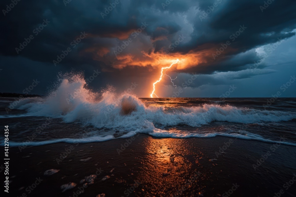 Poster dramatic ocean scene with a lightning strike illuminating the sky and reflecting in the wet sand and