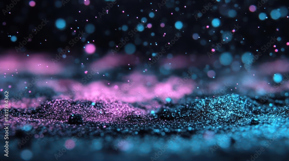 Aufkleber Abstract shot with blurred pink and blue particles scattered on the floor, creates a mysterious ambiance with bokeh and depth of field