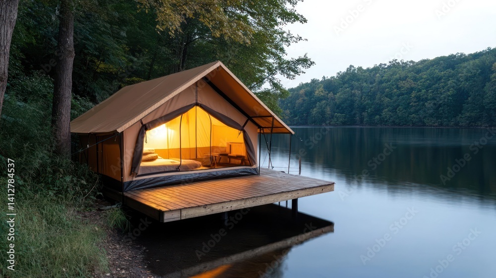 Poster a serene glamping tent sits on a wooden platform by calm water, illuminated from within. lush green 