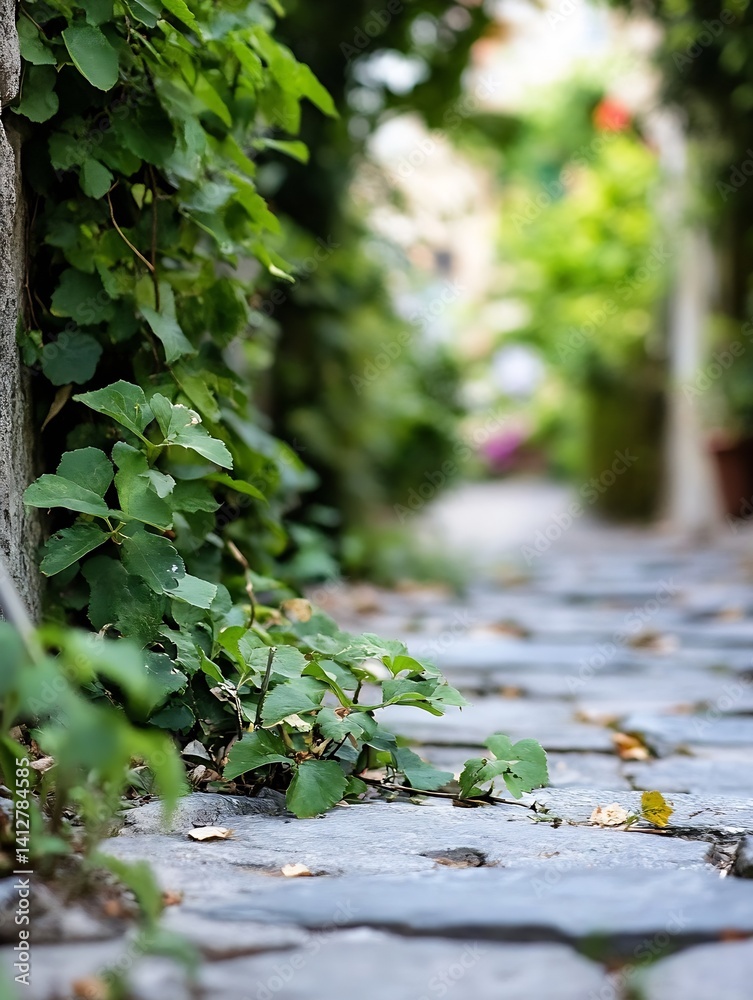 Poster serene pathway surrounded by lush green plants in a garden setting : generative ai