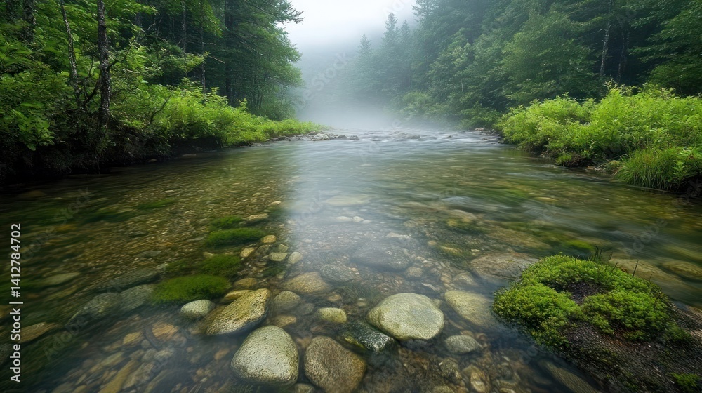 Leinwandbilder scenic view of a clear stream flowing through a lush green forest, rocks visible beneath the water, 