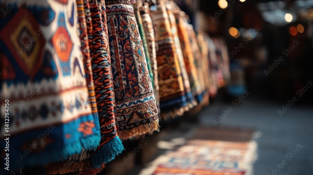 Leinwandbilder A rack displays colorful textile products with intricate patterns and tassels, creating a rich tapestry of texture and design. The warm bokeh lights add depth to the composition. The scene suggests a
