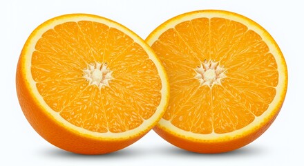 Fresh orange halves showcasing juicy segments on a clean white backdrop