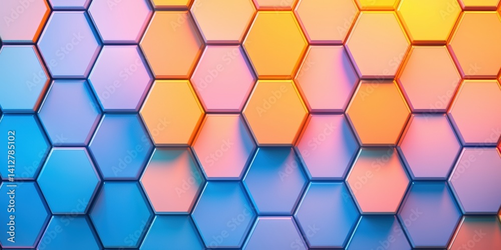 Poster a vibrant hexagonal pattern with a mix of pastel colors, creating a modern and dynamic visual effect