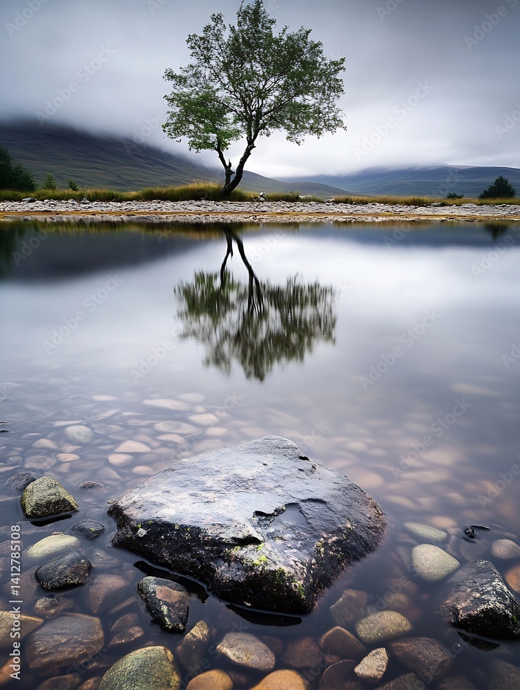 Poster solitary tree reflected in calm water creating a serene landscape : generative ai
