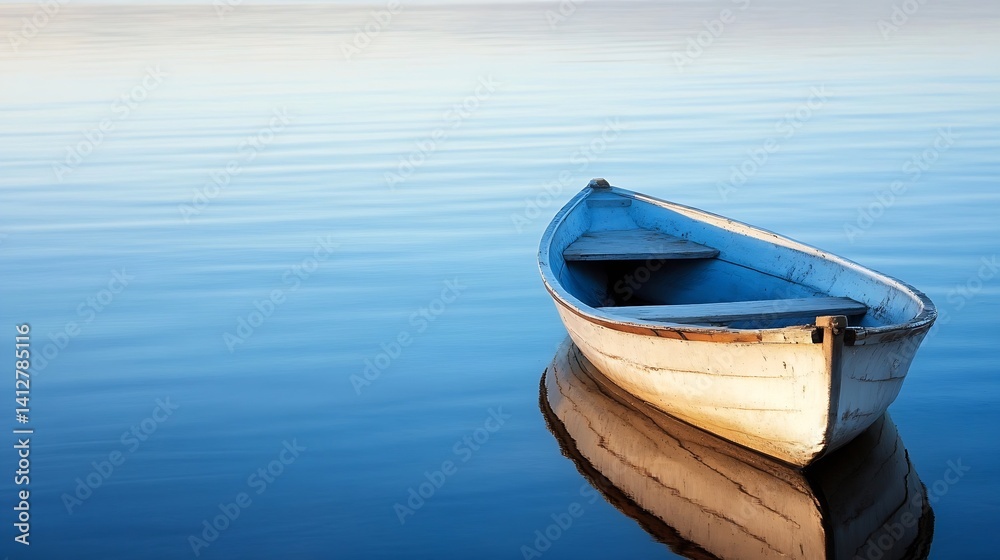 Aufkleber Lonely Rowboat Moored on Calm Waters with Soft Reflections : Generative AI