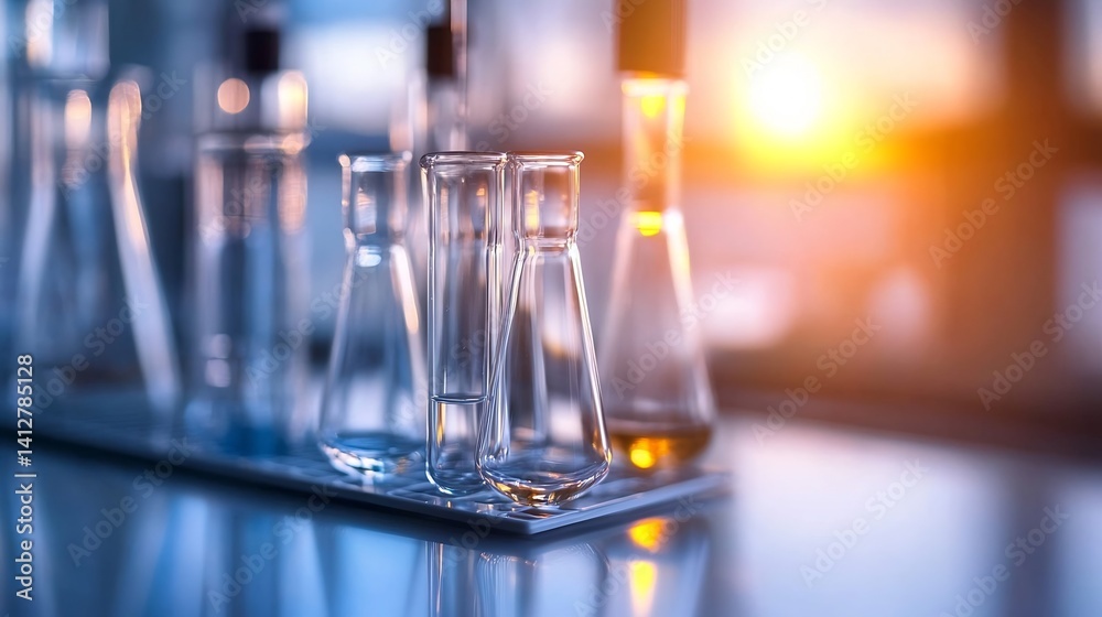 Poster Laboratory Glassware under Evening Light with Soft Reflections : Generative AI