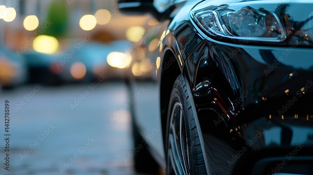 Aufkleber close-up of a black car highlighting the shine of its surface with blurred city lights in the backgr