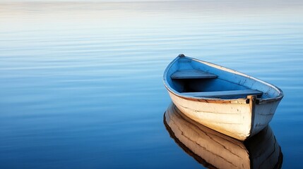 Obraz premium Lonely Rowboat Moored on Calm Waters with Soft Reflections : Generative AI