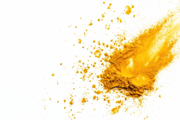 Turmeric powder scattered lightly on a seamless white background, ideal for food styling.