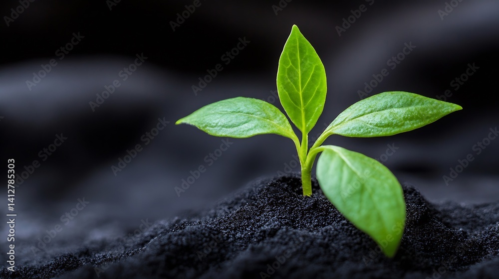 Poster fresh green sprout growing from black soil representing new beginnings and nature : generative ai