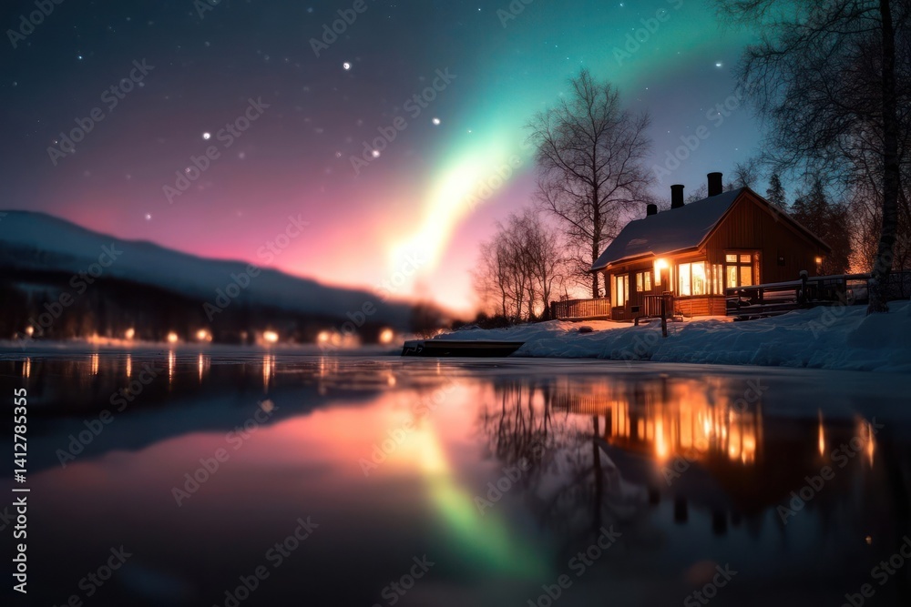 Poster scenic landscape featuring a cozy cabin with illuminated windows reflecting on a tranquil lake under