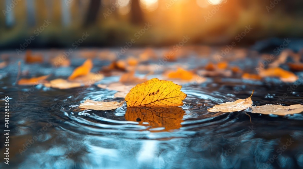 Poster close up of autumn leaves floating on water with sunlight flare. the vibrant leaves create a colorfu