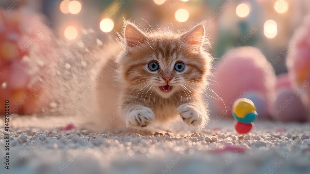 Aufkleber A charming close up of a small orange kitten playing with a colorful toy. Surrounded by a blurred background of twinkling lights and soft, pastel decorative elements, the scene is illuminated with a
