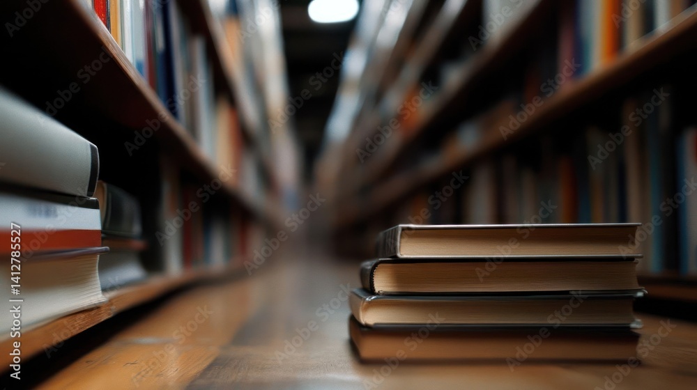 Aufkleber A ground-level shot features a stack of three books in the foreground, resting on a light brown wooden surface. The background is a blurred view of bookshelves filled with books, suggesting a library