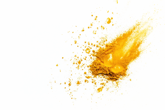 Turmeric powder scattered lightly on a seamless white background, ideal for food styling.
