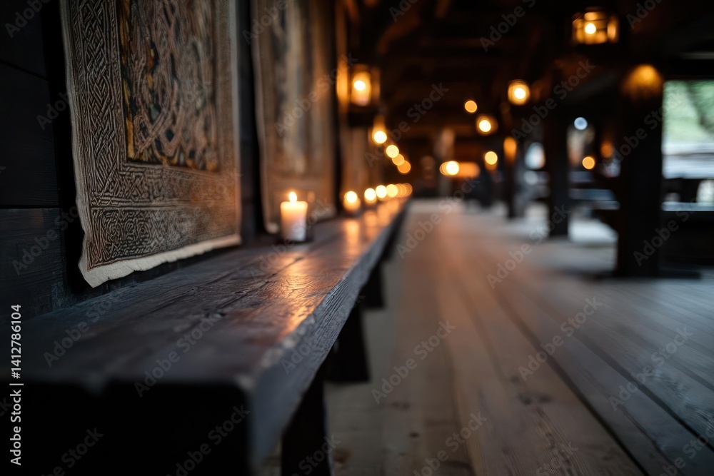 Aufkleber an atmospheric perspective of an interior featuring a long wooden bench illuminated by the soft glow