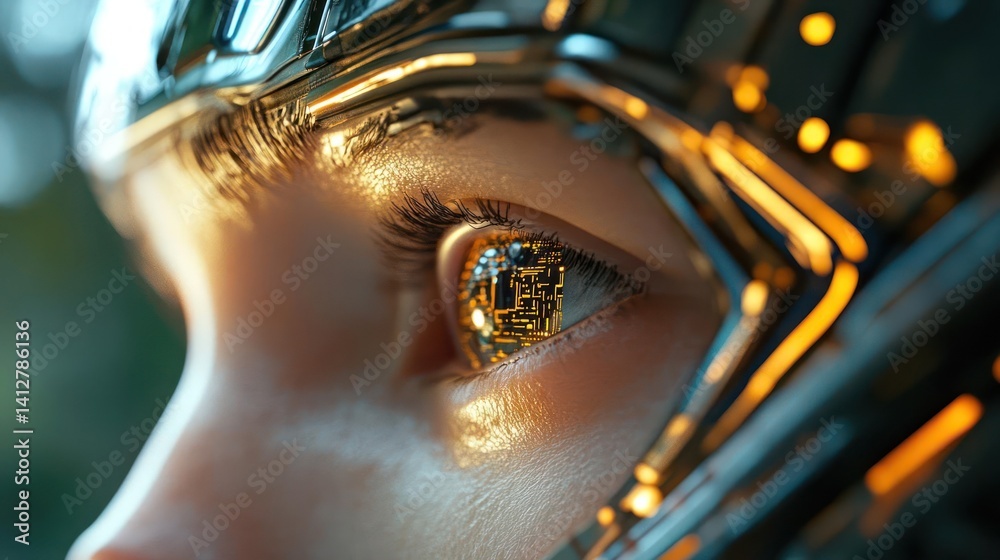 Aufkleber a close up view of a female humanoid robot face featuring an eye with a complex circuit pattern in w