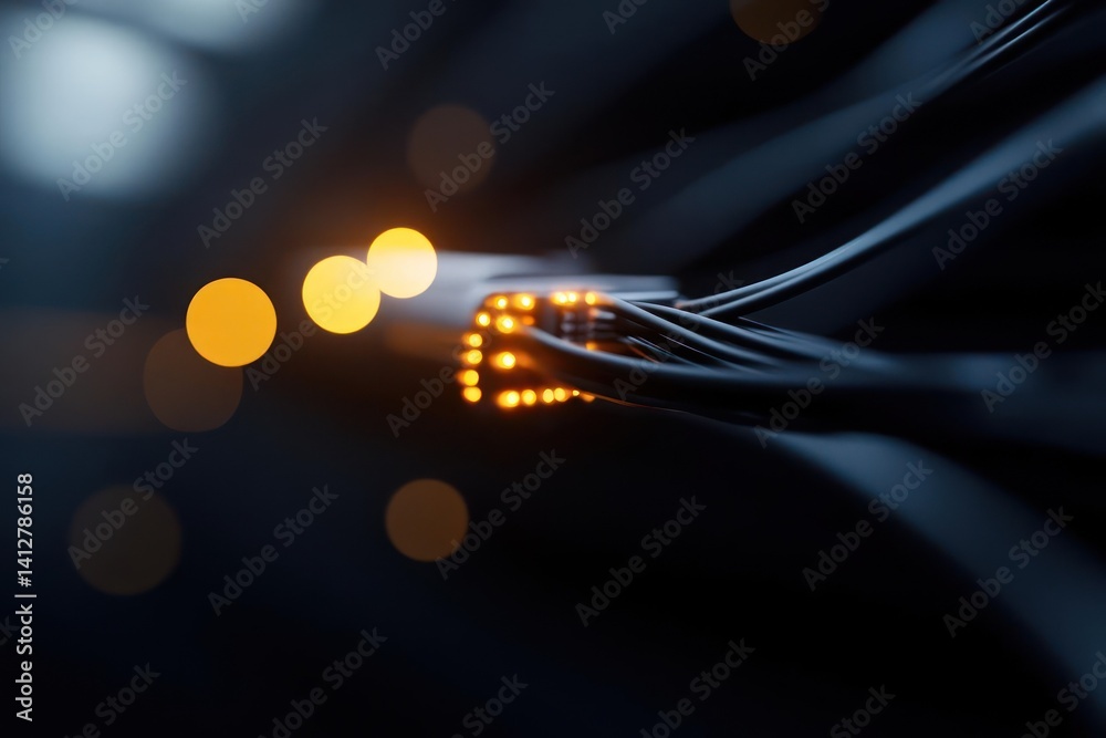 Aufkleber A close up of black cables illuminated with warm light against a dark background. The light creates bokeh circles and highlights the texture of the cables, emphasizing connectivity and technology