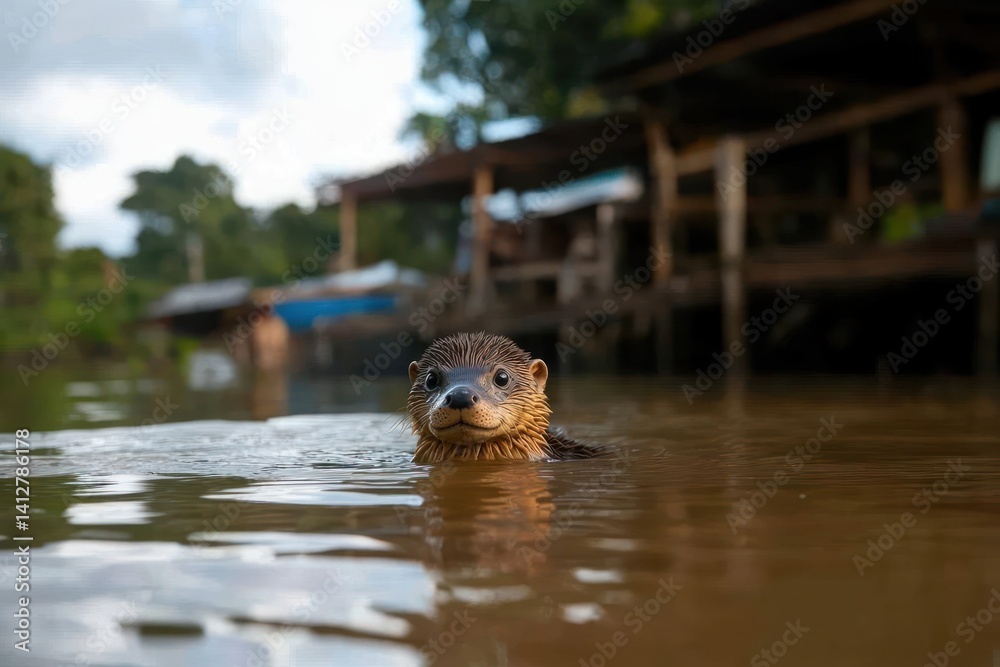 Poster an otter is swimming in a river in front of wooden building with dense trees in the background under