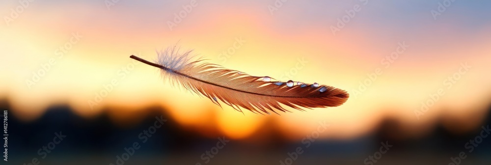 Poster this serene image features a single, detailed feather gently floating against a warm-toned sky with 