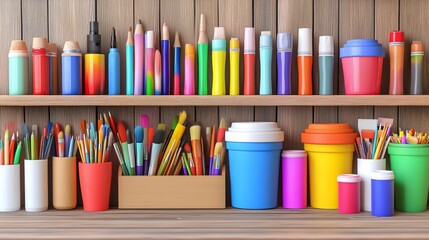 Fototapeta premium Vibrant Artist's Supply Shelf: A Colorful Array of Creativity