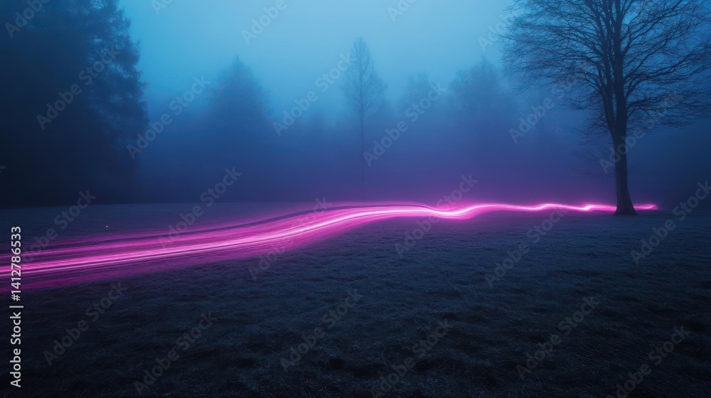 Aufkleber A surreal misty landscape with a trail of glowing pink light winding through a field and into a dark forest. A sense of mystery and the boundary between the natural and supernatural is evoked
