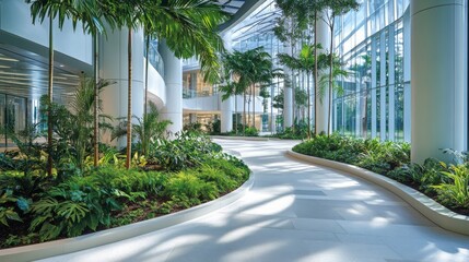 Naklejka premium Modern Building Interior with Lush Greenery and Sunlight