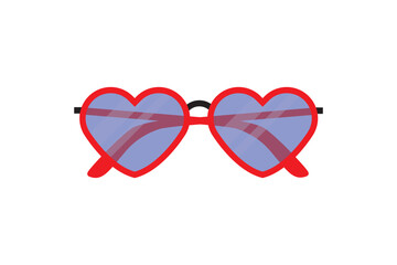 Funny red sunglasses with heart-shaped frame. Funky party glasses. Valentine design eyeglasses. Front view of quirky eyewear. Flat vector illustration isolated on white background