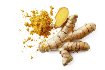 Turmeric powder scattered lightly on a seamless white background, ideal for food styling.