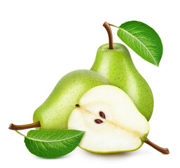 Pear fruit with leaves isolate. Pear on white. Pear clipping path.