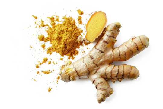 Turmeric powder scattered lightly on a seamless white background, ideal for food styling.