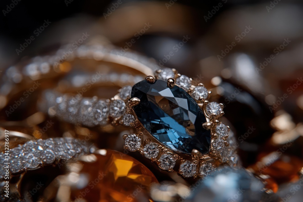 Aufkleber Close-up showcases gold rings adorned with diamonds surrounding a central, deep blue gemstone. Gems are visible in soft focus, creating a luxurious and shimmering background