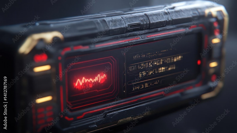 Poster a futuristic device is displayed, featuring a sleek black exterior, gold trim, and red digital displ