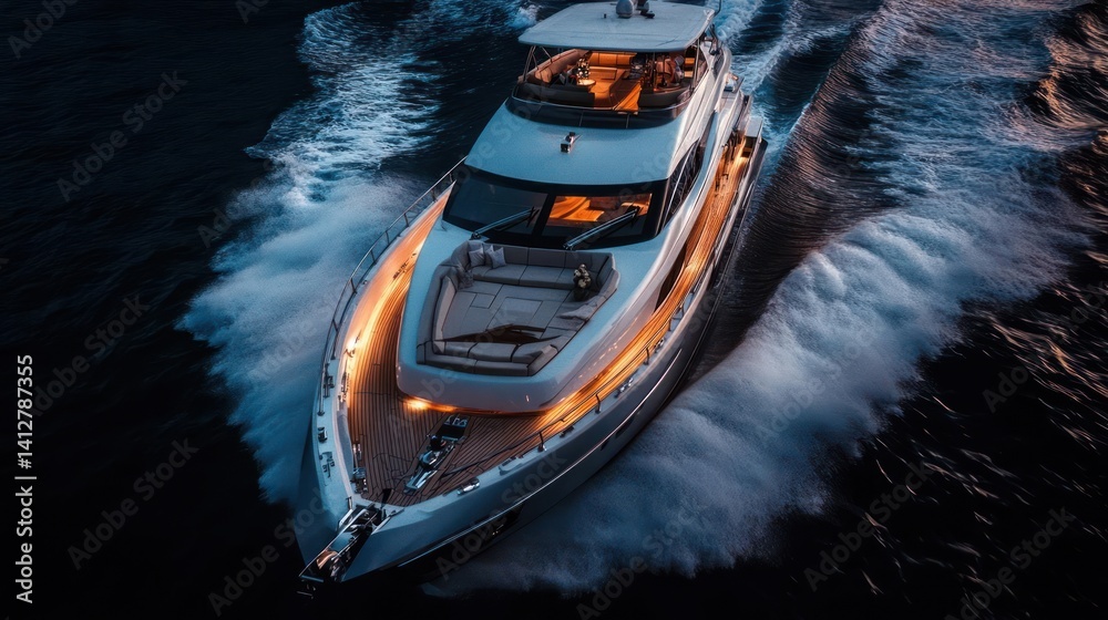 Poster aerial view of a modern white yacht speeding through dark waters. the yacht is brightly lit with a w